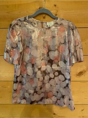 kate spade Pink and Silver Silk/Metallic Dot-Print Short Sleeve Blouse
